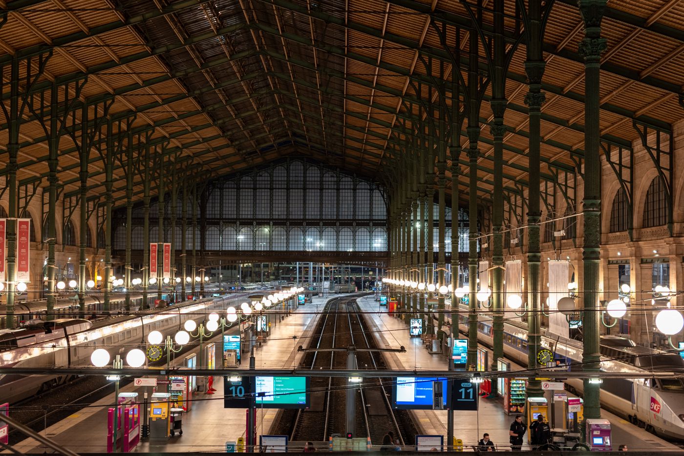 The platforms and glass roof of Gare du Nord in Paris